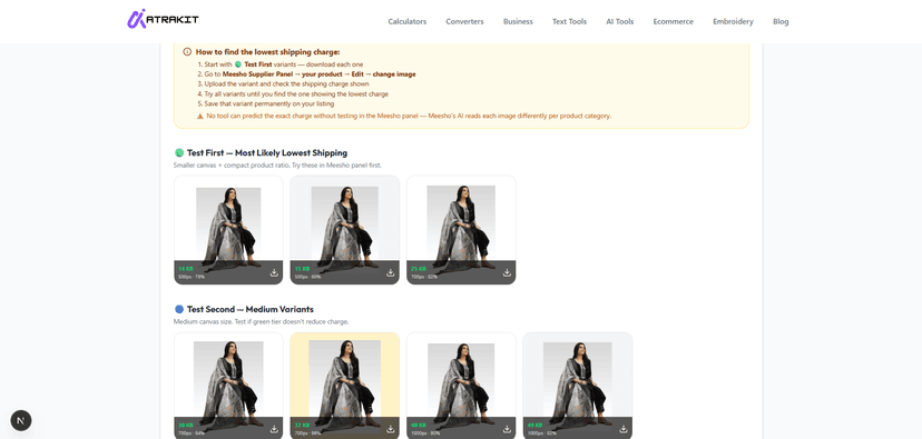 Meesho low shipping image generator showing 3 category results on AtraKit